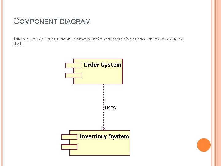 COMPONENT DIAGRAM THIS SIMPLE COMPONENT DIAGRAM SHOWS THEO RDER SYSTEM'S GENERAL DEPENDENCY USING UML COMPONENT DIAGRAM THIS SIMPLE COMPONENT DIAGRAM SHOWS THEO RDER SYSTEM'S GENERAL DEPENDENCY USING UML