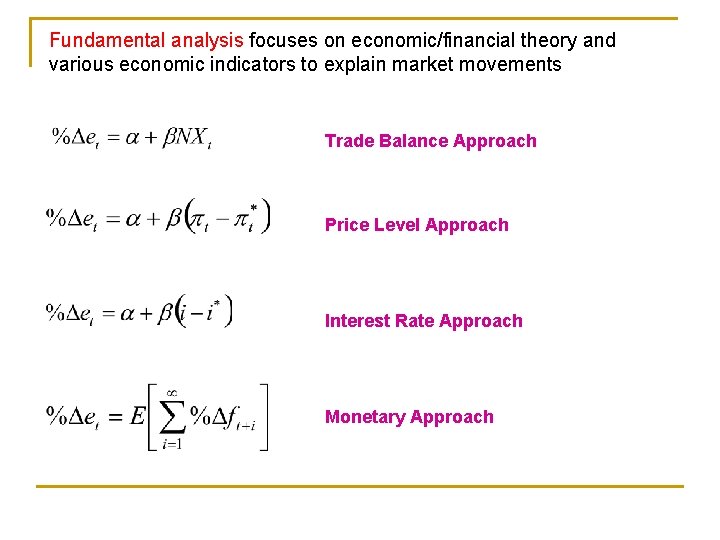 Fundamental analysis focuses on economic/financial theory and various economic indicators to explain market movements