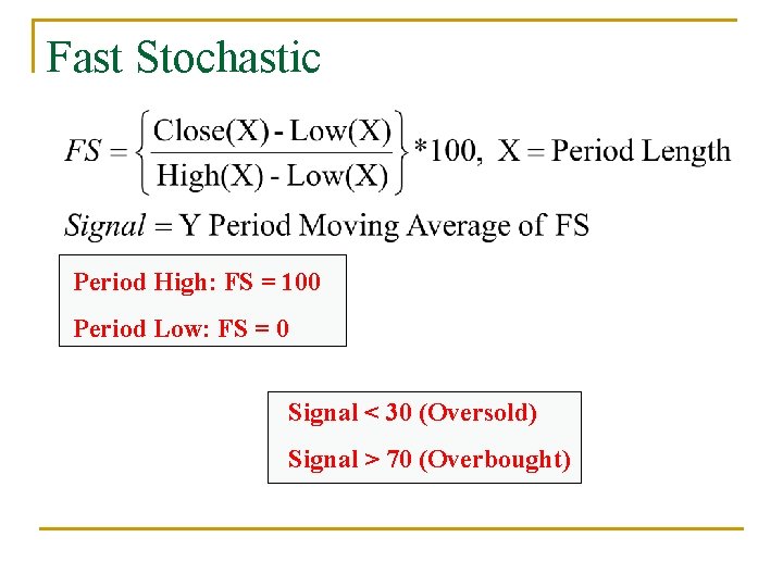 Fast Stochastic Period High: FS = 100 Period Low: FS = 0 Signal <