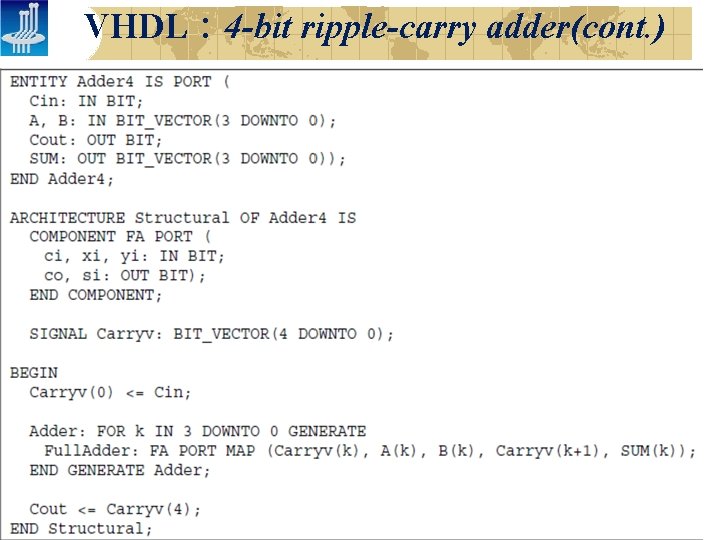 VHDL： 4 -bit ripple-carry adder(cont. ) 