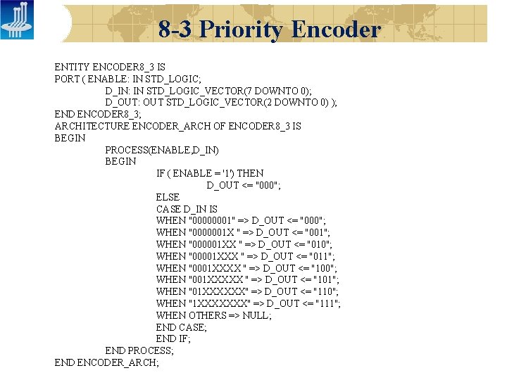 8 -3 Priority Encoder ENTITY ENCODER 8_3 IS PORT ( ENABLE: IN STD_LOGIC; D_IN: