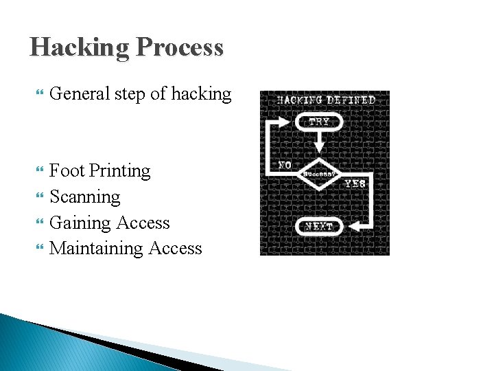 Hacking Process General step of hacking Foot Printing Scanning Gaining Access Maintaining Access 