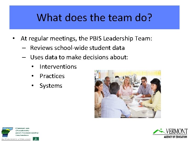 What does the team do? • At regular meetings, the PBIS Leadership Team: –