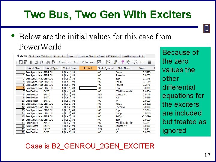 Two Bus, Two Gen With Exciters • Below are the initial values for this