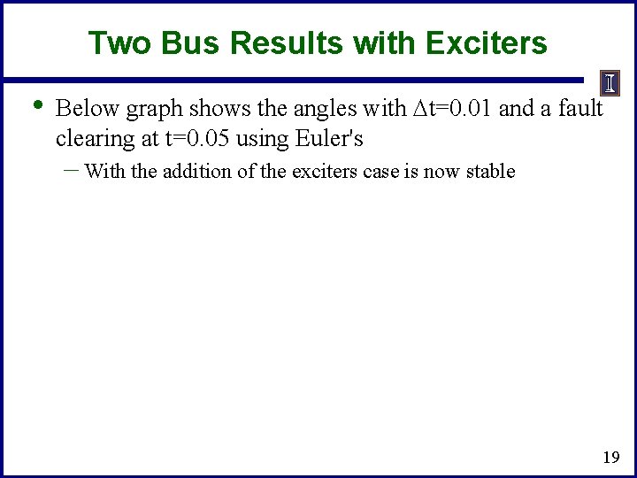 Two Bus Results with Exciters • Below graph shows the angles with Dt=0. 01