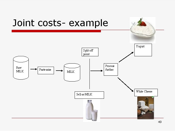 Joint costs- example Yogurt Split off point Raw MILK Pasteurize Process further MILK Sell