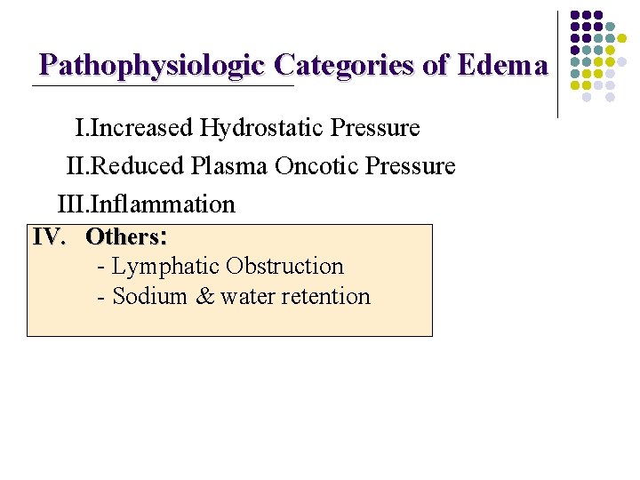 Pathophysiologic Categories of Edema I. Increased Hydrostatic Pressure II. Reduced Plasma Oncotic Pressure III.