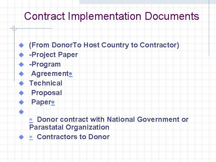 Contract Implementation Documents u u u u (From Donor. To Host Country to Contractor)