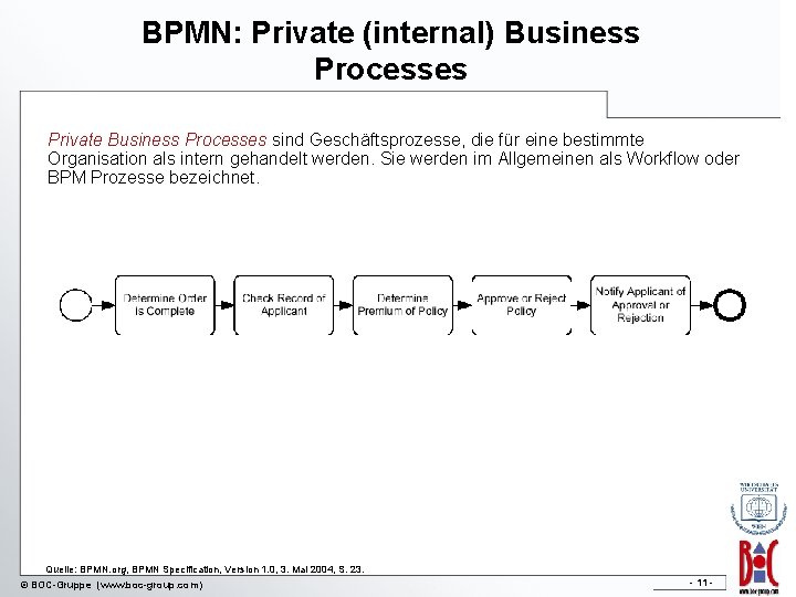 BPMN: Private (internal) Business Processes Private Business Processes sind Geschäftsprozesse, die für eine bestimmte