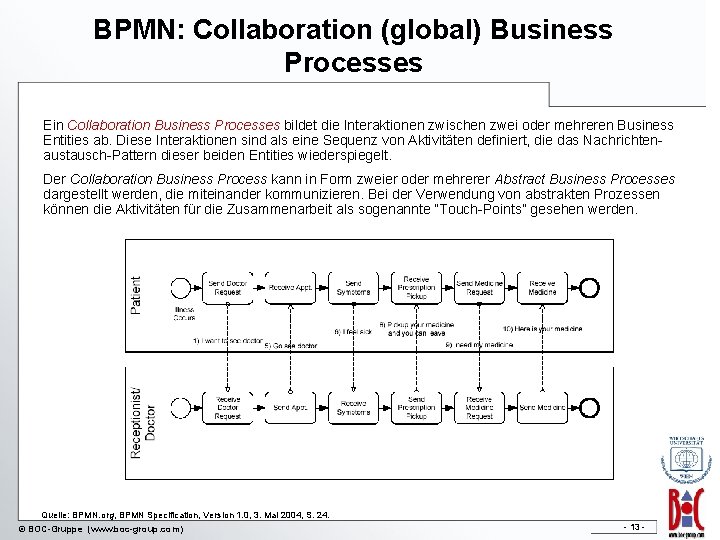 BPMN: Collaboration (global) Business Processes Ein Collaboration Business Processes bildet die Interaktionen zwischen zwei