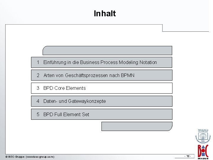 Inhalt 1 Einführung in die Business Process Modeling Notation 2 Arten von Geschäftsprozessen nach