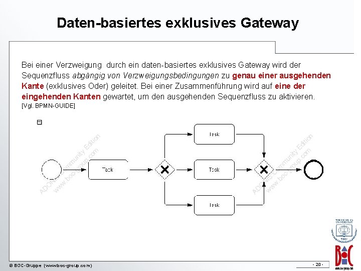 Daten-basiertes exklusives Gateway Bei einer Verzweigung durch ein daten-basiertes exklusives Gateway wird der Sequenzfluss