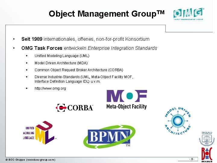 Object Management Group. TM • Seit 1989 internationales, offenes, non-for-profit Konsortium • OMG Task