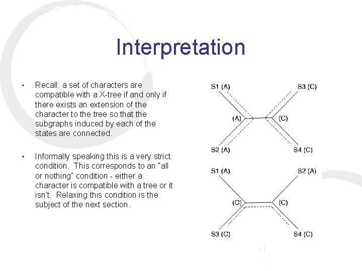 Interpretation • Recall: a set of characters are compatible with a X-tree if and