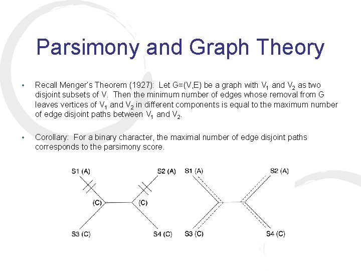 Parsimony and Graph Theory • Recall Menger’s Theorem (1927): Let G=(V, E) be a