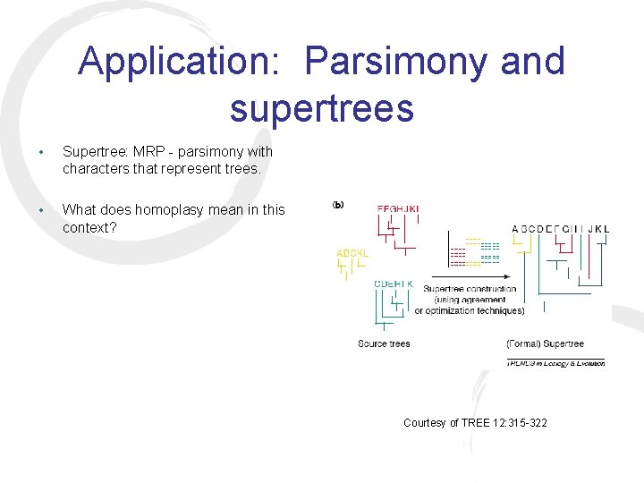 Application: Parsimony and supertrees • Supertree: MRP - parsimony with characters that represent trees.