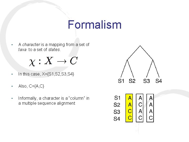 Formalism • A character is a mapping from a set of taxa to a