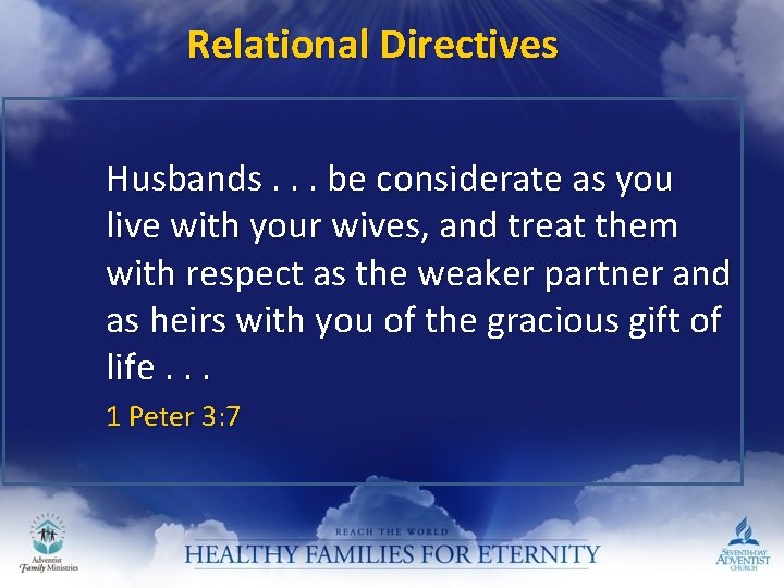 Relational Directives Husbands. . . be considerate as you live with your wives, and