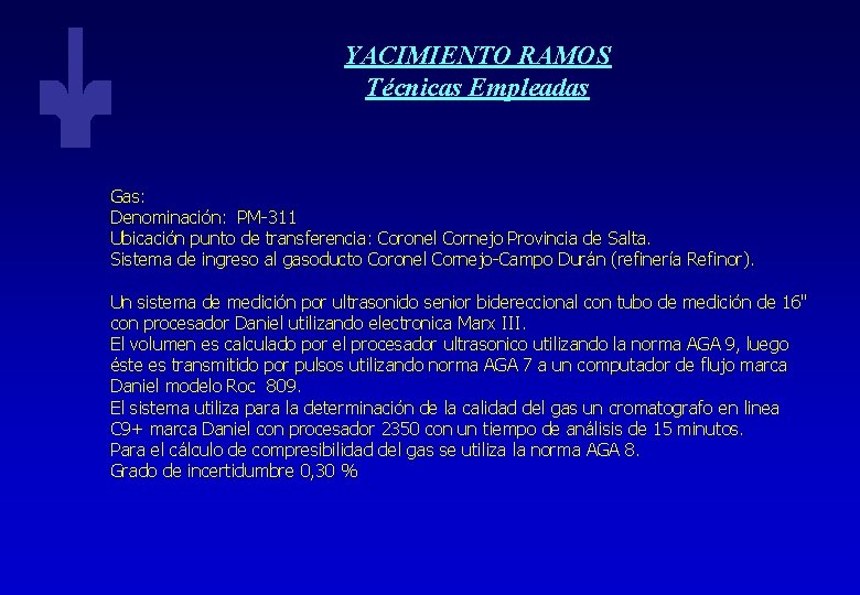 YACIMIENTO RAMOS Técnicas Empleadas Gas: Denominación: PM-311 Ubicación punto de transferencia: Coronel Cornejo Provincia
