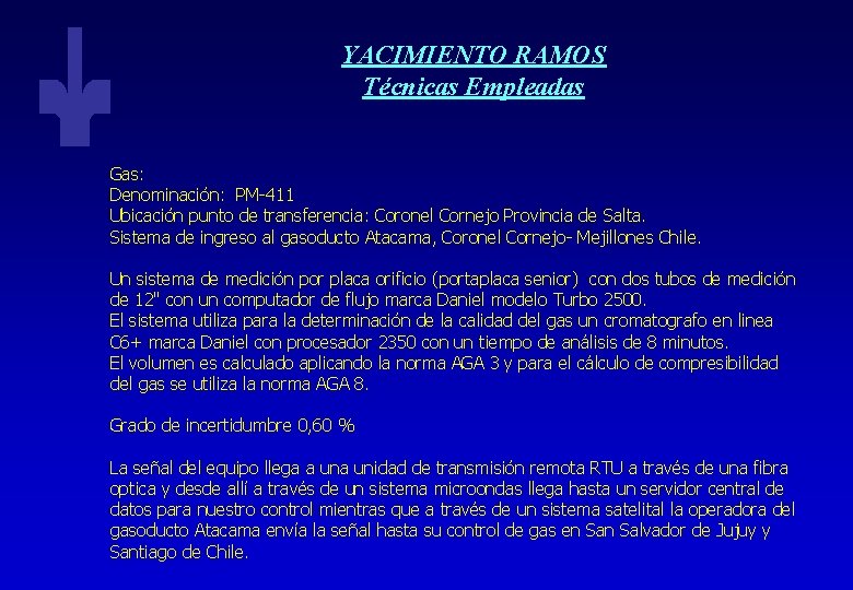 YACIMIENTO RAMOS Técnicas Empleadas Gas: Denominación: PM-411 Ubicación punto de transferencia: Coronel Cornejo Provincia