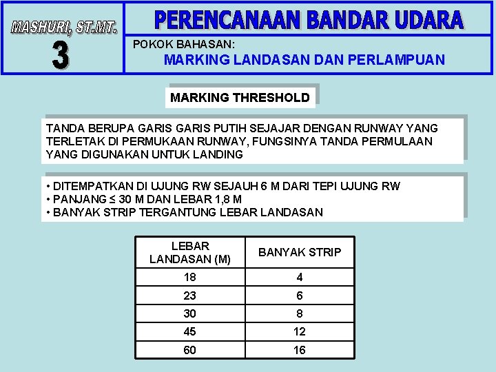 POKOK BAHASAN: MARKING LANDASAN DAN PERLAMPUAN MARKING THRESHOLD TANDA BERUPA GARIS PUTIH SEJAJAR DENGAN POKOK BAHASAN: MARKING LANDASAN DAN PERLAMPUAN MARKING THRESHOLD TANDA BERUPA GARIS PUTIH SEJAJAR DENGAN