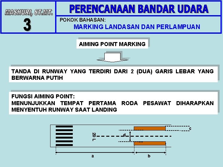 POKOK BAHASAN: MARKING LANDASAN DAN PERLAMPUAN AIMING POINT MARKING TANDA DI RUNWAY YANG TERDIRI POKOK BAHASAN: MARKING LANDASAN DAN PERLAMPUAN AIMING POINT MARKING TANDA DI RUNWAY YANG TERDIRI