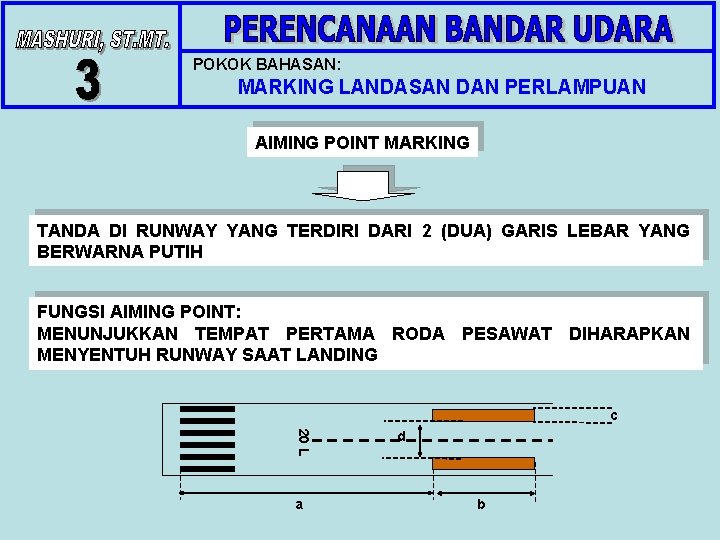 POKOK BAHASAN: MARKING LANDASAN DAN PERLAMPUAN AIMING POINT MARKING TANDA DI RUNWAY YANG TERDIRI