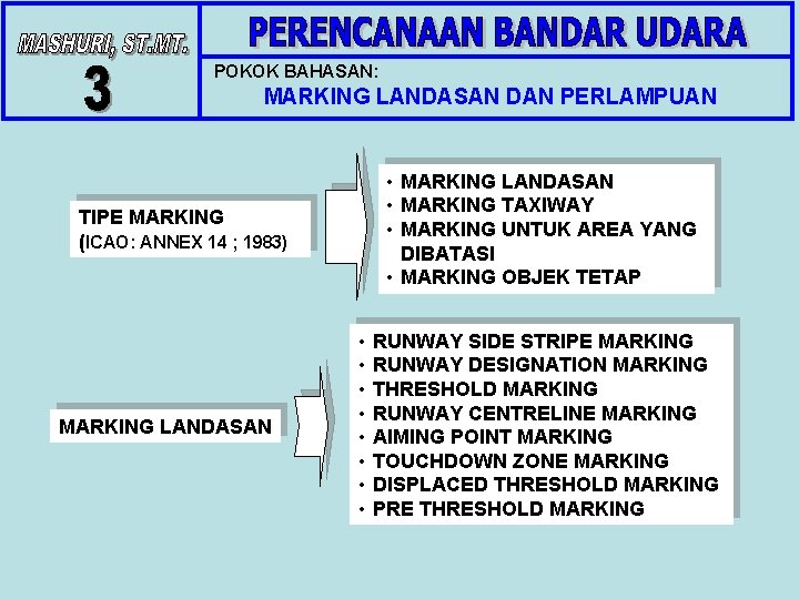 POKOK BAHASAN: MARKING LANDASAN DAN PERLAMPUAN • MARKING LANDASAN • MARKING TAXIWAY • MARKING POKOK BAHASAN: MARKING LANDASAN DAN PERLAMPUAN • MARKING LANDASAN • MARKING TAXIWAY • MARKING