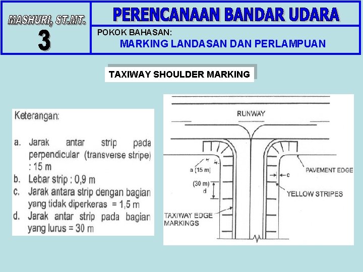 POKOK BAHASAN: MARKING LANDASAN DAN PERLAMPUAN TAXIWAY SHOULDER MARKING POKOK BAHASAN: MARKING LANDASAN DAN PERLAMPUAN TAXIWAY SHOULDER MARKING