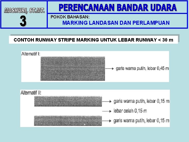 POKOK BAHASAN: MARKING LANDASAN DAN PERLAMPUAN CONTOH RUNWAY STRIPE MARKING UNTUK LEBAR RUNWAY <