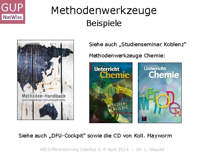 Methodenwerkzeuge Beispiele Siehe auch „Studienseminar Koblenz“ Methodenwerkzeuge Chemie: Siehe auch „DFU-Cockpit“ sowie die CD Methodenwerkzeuge Beispiele Siehe auch „Studienseminar Koblenz“ Methodenwerkzeuge Chemie: Siehe auch „DFU-Cockpit“ sowie die CD