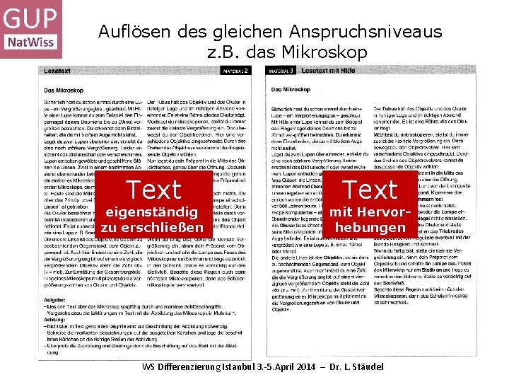 Auflösen des gleichen Anspruchsniveaus z. B. das Mikroskop Text eigenständig zu erschließen Text mit Auflösen des gleichen Anspruchsniveaus z. B. das Mikroskop Text eigenständig zu erschließen Text mit