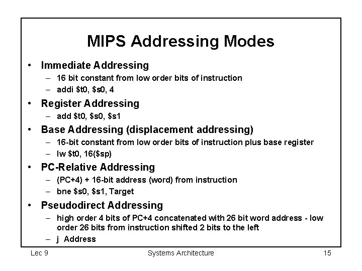 MIPS Addressing Modes • Immediate Addressing – 16 bit constant from low order bits