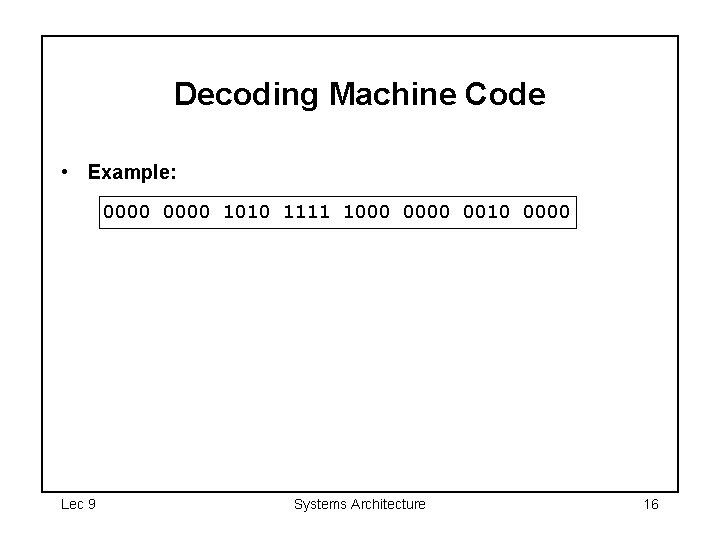 Decoding Machine Code • Example: 0000 1010 1111 1000 0010 0000 Lec 9 Systems