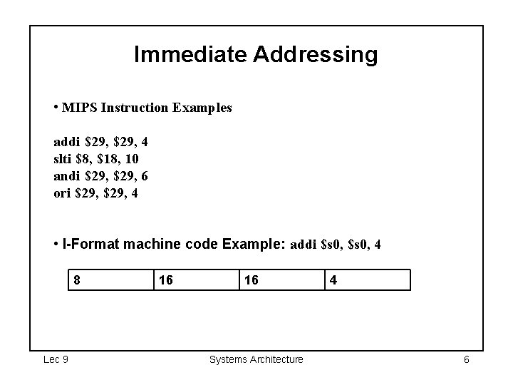 Immediate Addressing • MIPS Instruction Examples addi $29, 4 slti $8, $18, 10 andi