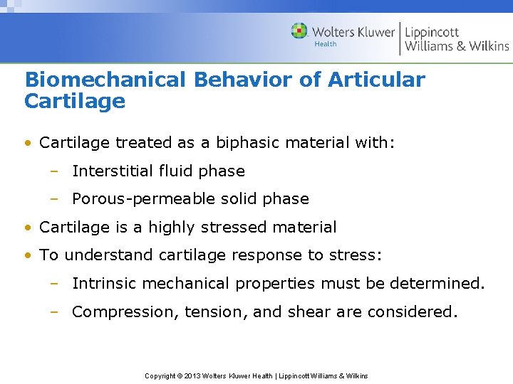 Biomechanical Behavior of Articular Cartilage • Cartilage treated as a biphasic material with: –