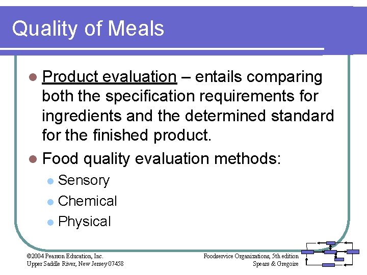 Quality of Meals l Product evaluation – entails comparing both the specification requirements for
