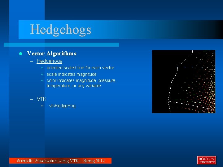 Hedgehogs Vector Algorithms – Hedgehogs • oriented scaled line for each vector • scale Hedgehogs Vector Algorithms – Hedgehogs • oriented scaled line for each vector • scale