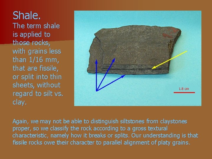 Shale. The term shale is applied to those rocks, with grains less than 1/16