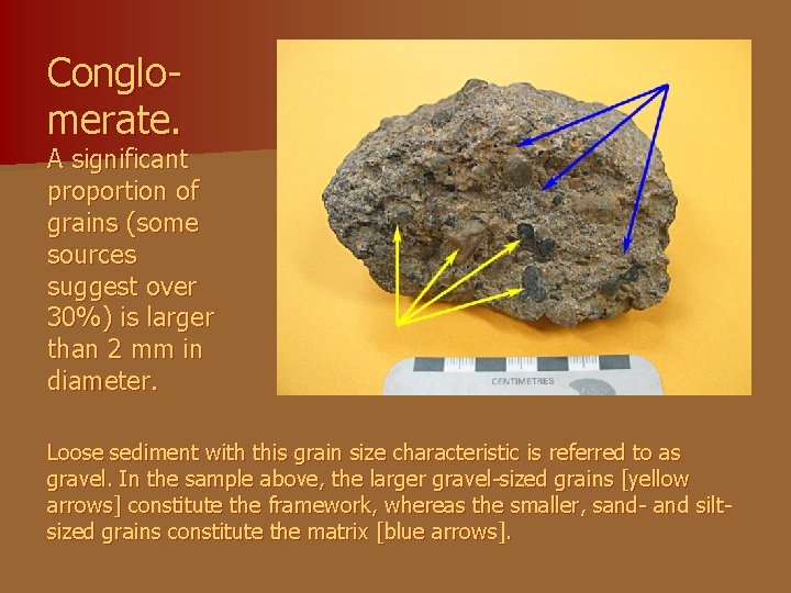 Conglomerate. A significant proportion of grains (some sources suggest over 30%) is larger than