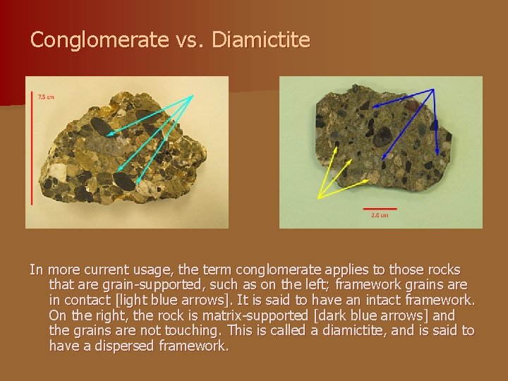 Conglomerate vs. Diamictite In more current usage, the term conglomerate applies to those rocks