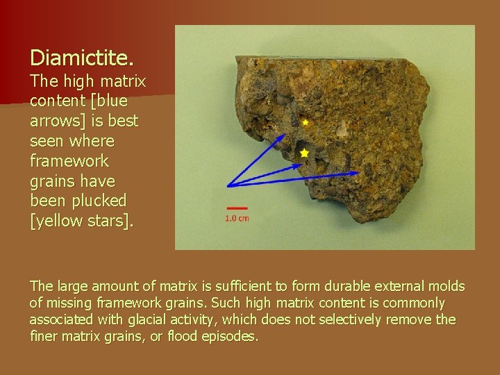 Diamictite. The high matrix content [blue arrows] is best seen where framework grains have
