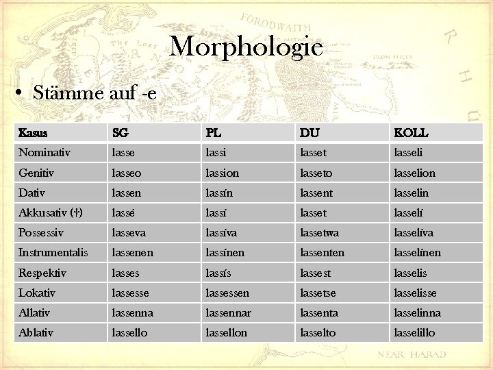 Morphologie • Stämme auf -e Kasus SG PL DU KOLL Nominativ lasse lassi lasset