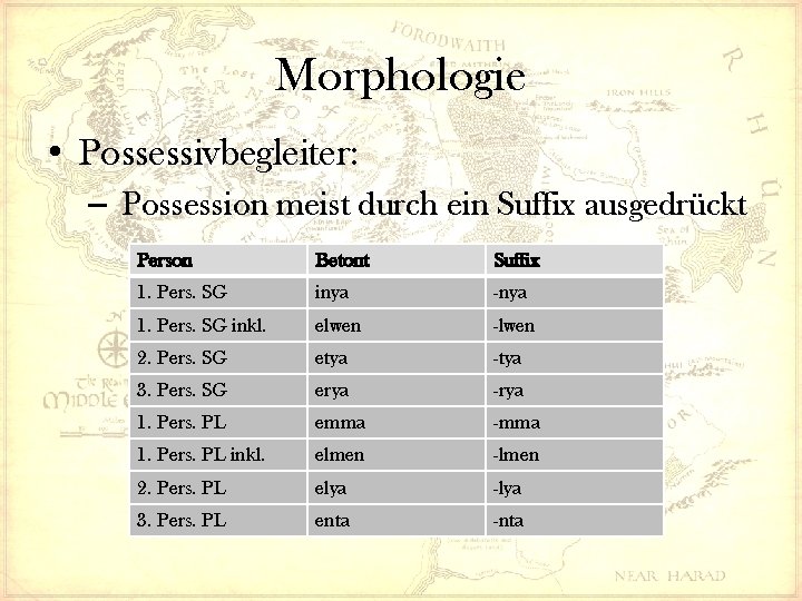 Morphologie • Possessivbegleiter: – Possession meist durch ein Suffix ausgedrückt Person Betont Suffix 1.