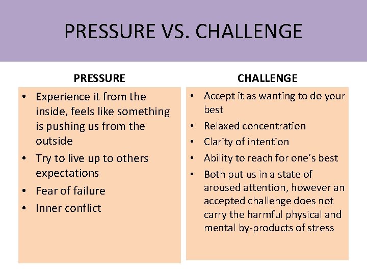 PRESSURE VS. CHALLENGE • • PRESSURE Experience it from the inside, feels like something