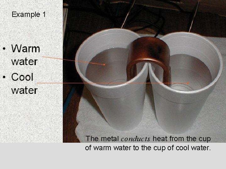 Example 1 The metal conducts heat from the cup of warm water to the