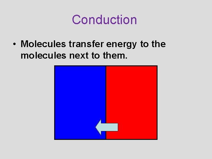 Conduction • Molecules transfer energy to the molecules next to them. 