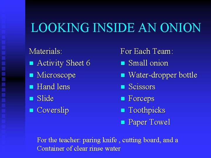 LOOKING INSIDE AN ONION Materials: n Activity Sheet 6 n Microscope n Hand lens