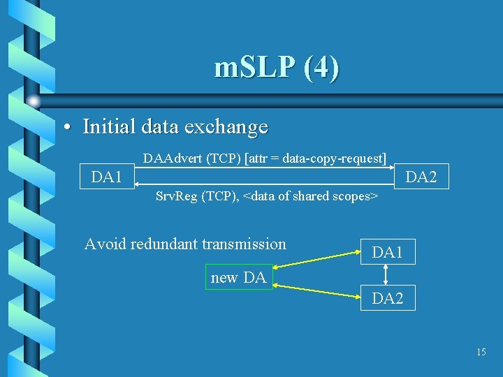 m. SLP (4) • Initial data exchange DAAdvert (TCP) [attr = data-copy-request] DA 1