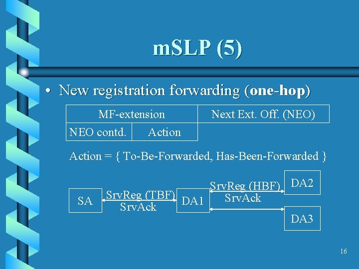m. SLP (5) • New registration forwarding (one-hop) MF-extension NEO contd. Action Next Ext.